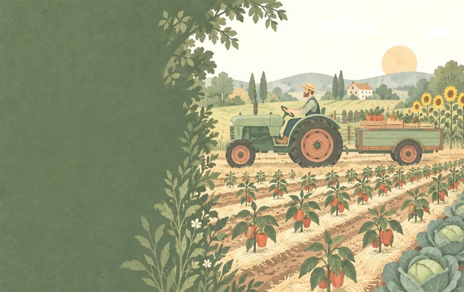 Ilustracija zelenog traktora koji vozi kroz povrtnjak